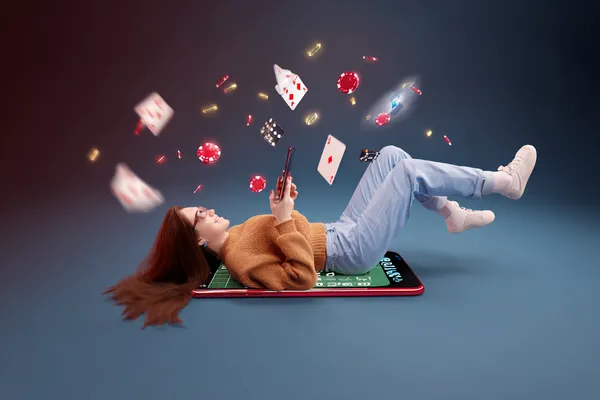 A glamorous woman holding casino chips in a neon-lit environment, representing the premium online casino atmosphere of BANGBEF.